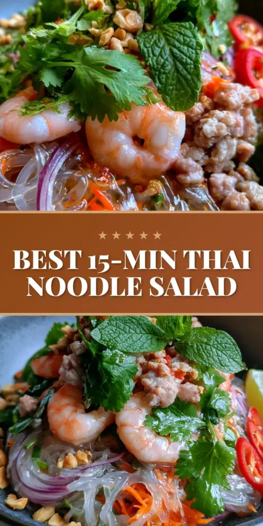 A close-up of Thai glass noodle salad in a charcoal bowl with shrimp, pork, carrots, and purple shallots on a wood background.
