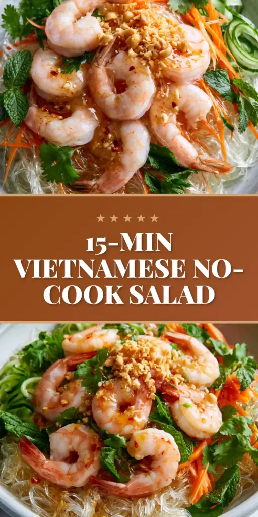 A top-down view of a Vietnamese glass noodle salad with plump pink shrimp, julienned carrots, and fresh mint in a gray bowl.
