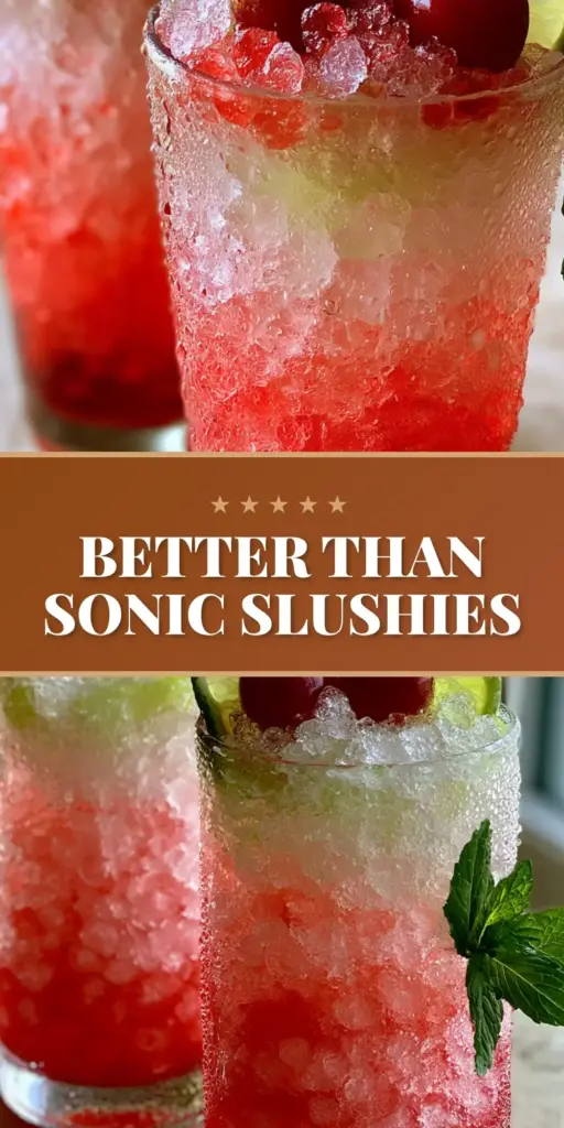 Cherry Limeade Slushies: The Ultimate Sonic-Style Refreshment 4 Two tall glasses of Cherry Limeade Slushies with pebbled ice, crimson syrup, lime wheels, and cherries. (Cherry Limeade Slushies)