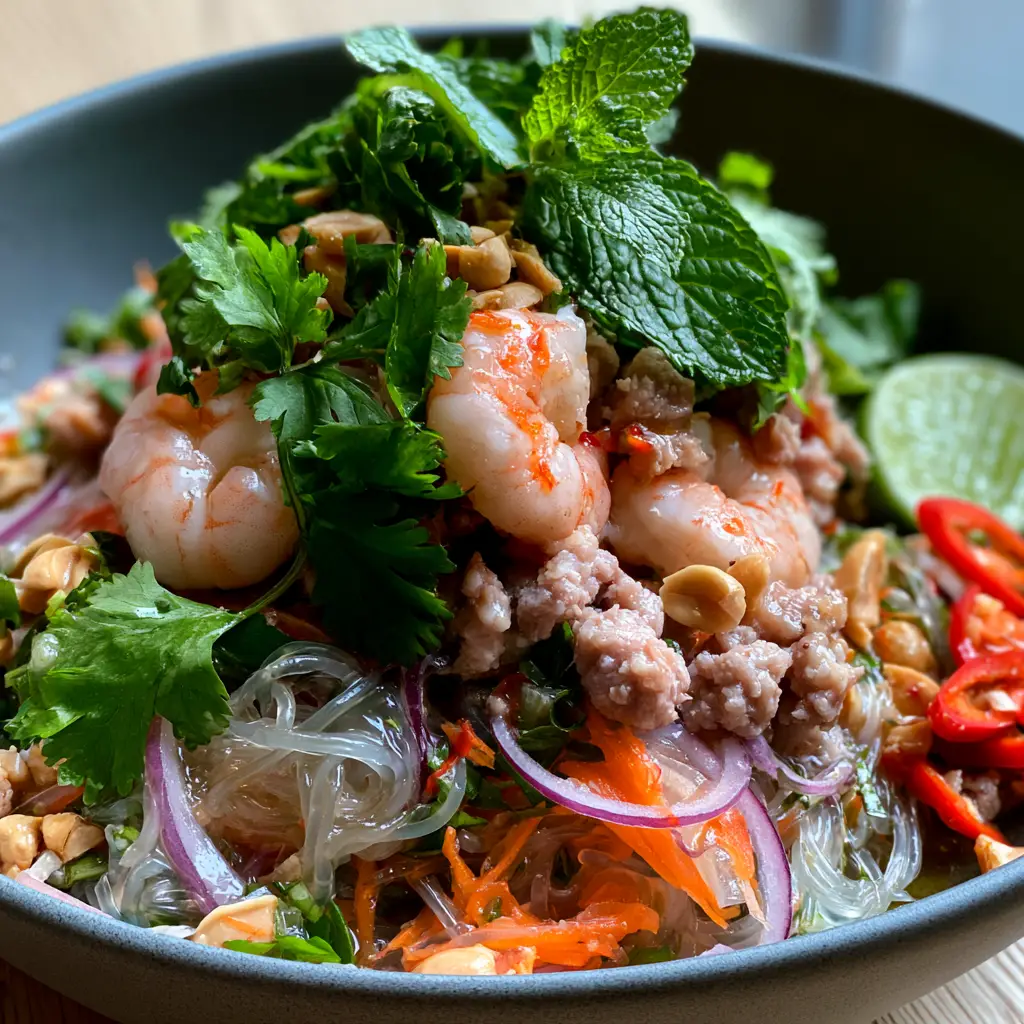 Tossing the Thai glass noodle salad with browned minced pork and a glossy lime dressing.