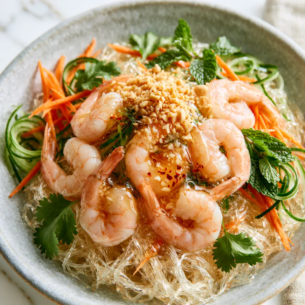 Professional lifestyle shot of Vietnamese glass noodle salad on a white marble surface with soft side lighting.