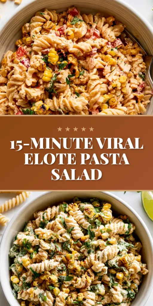 A handheld smartphone photo showing a fork lifting a creamy bite of elote pasta salad with charred corn and cotija cheese in a clay bowl.