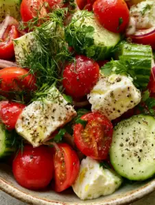 Macro close-up of Cucumber and Tomato Salad showing glistening droplets of olive oil and cracked black pepper on ridged cucumbers and plump tomatoes.