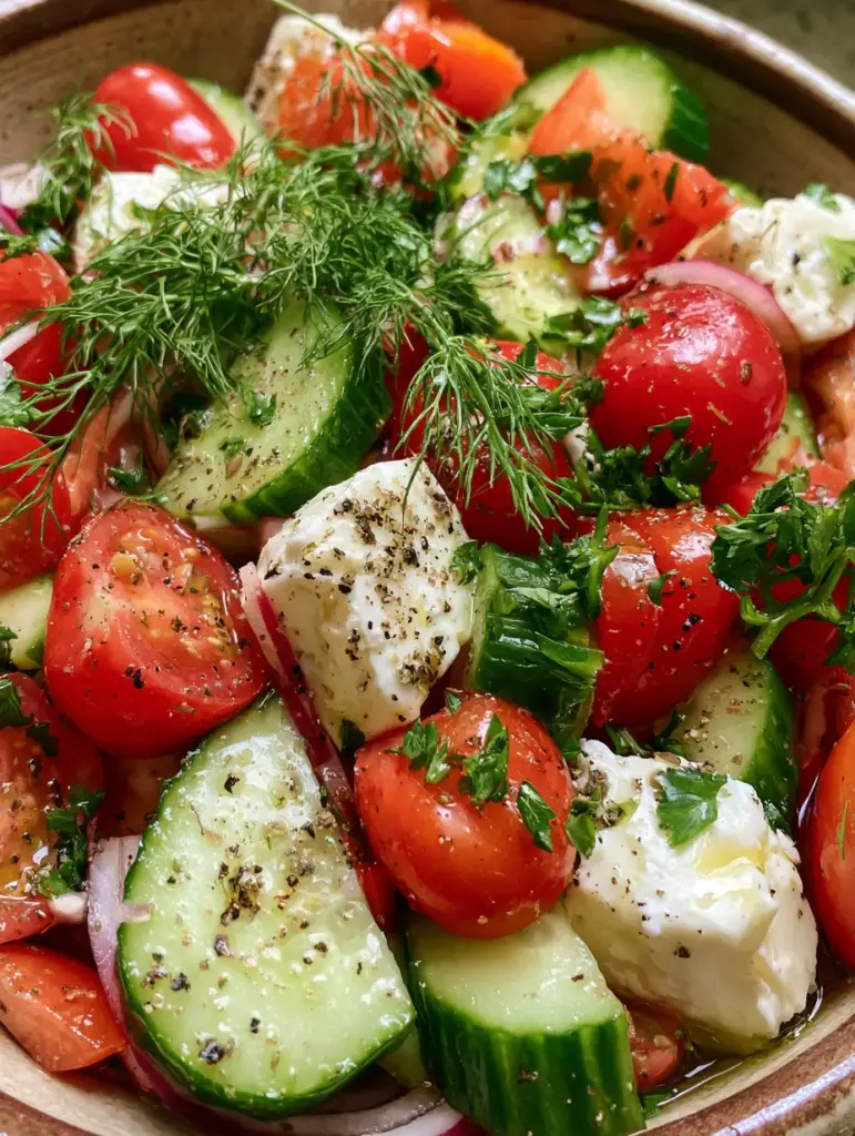 Cucumber and Tomato Salad with Feta and Fresh Herbs 1 A top-down view of a vibrant Cucumber and Tomato Salad in a rustic bowl with electric green dill and parsley garnishes.