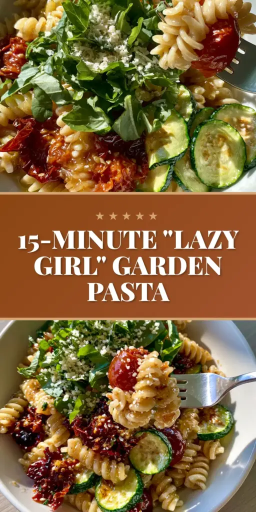 A close-up vertical shot of Summer Garden Pasta with glossy fusilli, blistered tomatoes, and seared zucchini half-moons, perfectly optimized for Pinterest.