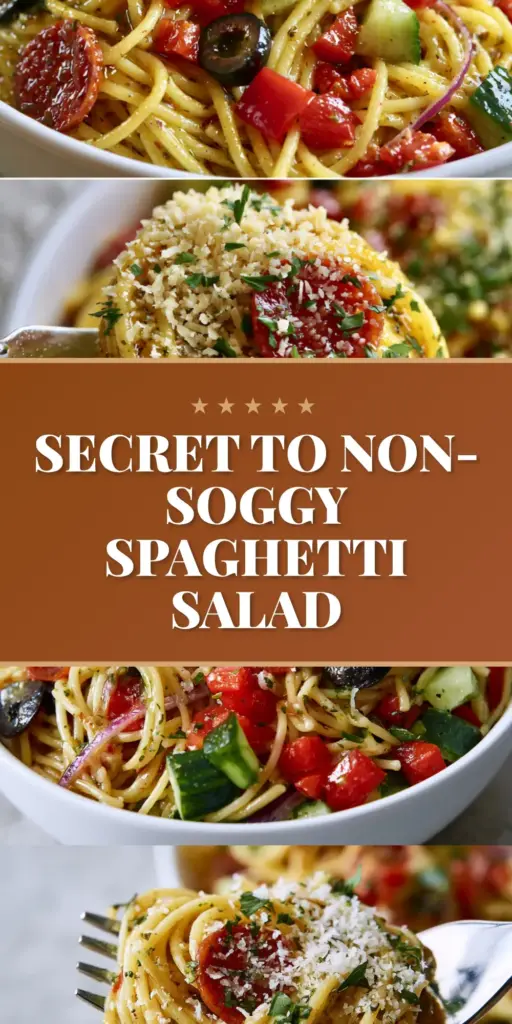 Spaghetti Salad: The Ultimate Zesty Cold Pasta Recipe 4 A vibrant Spaghetti Salad in a white bowl showing al dente noodles, pepperoni, and red bell peppers with a fork lifting a glistening bundle.