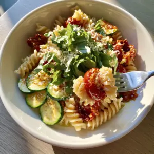 Overhead smartphone photo of Summer Garden Pasta in a white shallow ceramic bowl with a silver fork lifting a tangle of pasta and a blistered tomato.