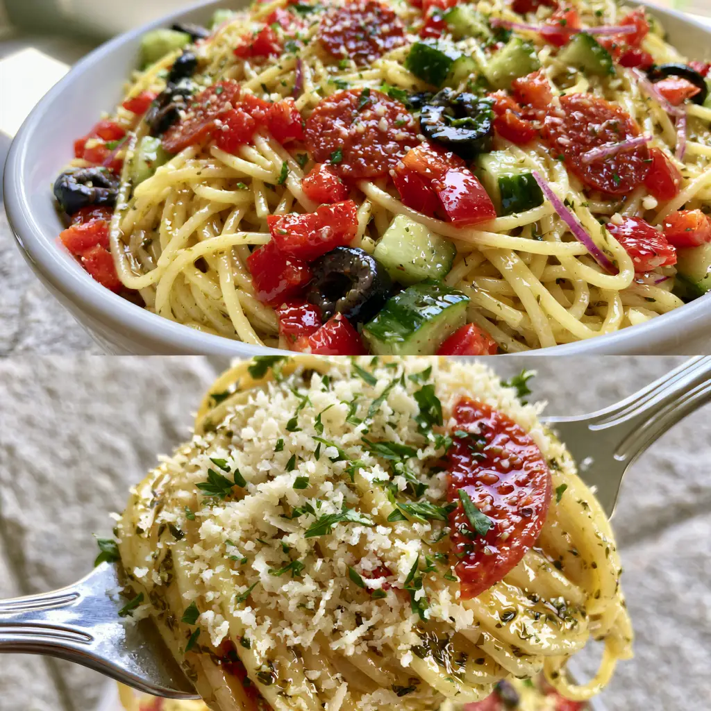 Spaghetti Salad: The Ultimate Zesty Cold Pasta Recipe 2 Top view of a large white bowl filled with glossy Spaghetti Salad featuring red onion slivers and black olives.