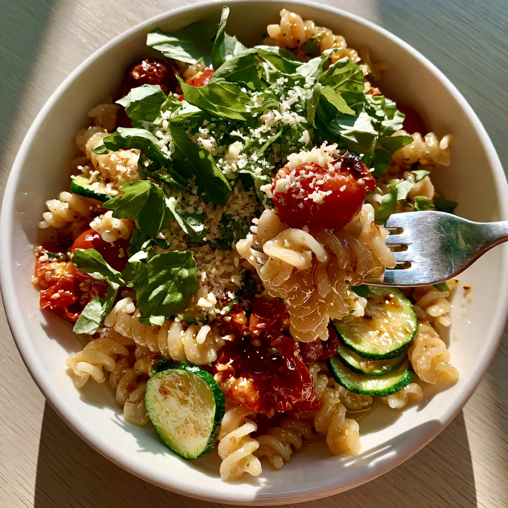 Slightly angled handheld photo of Summer Garden Pasta showing the texture of seared zucchini and micro-planed parmesan cheese.