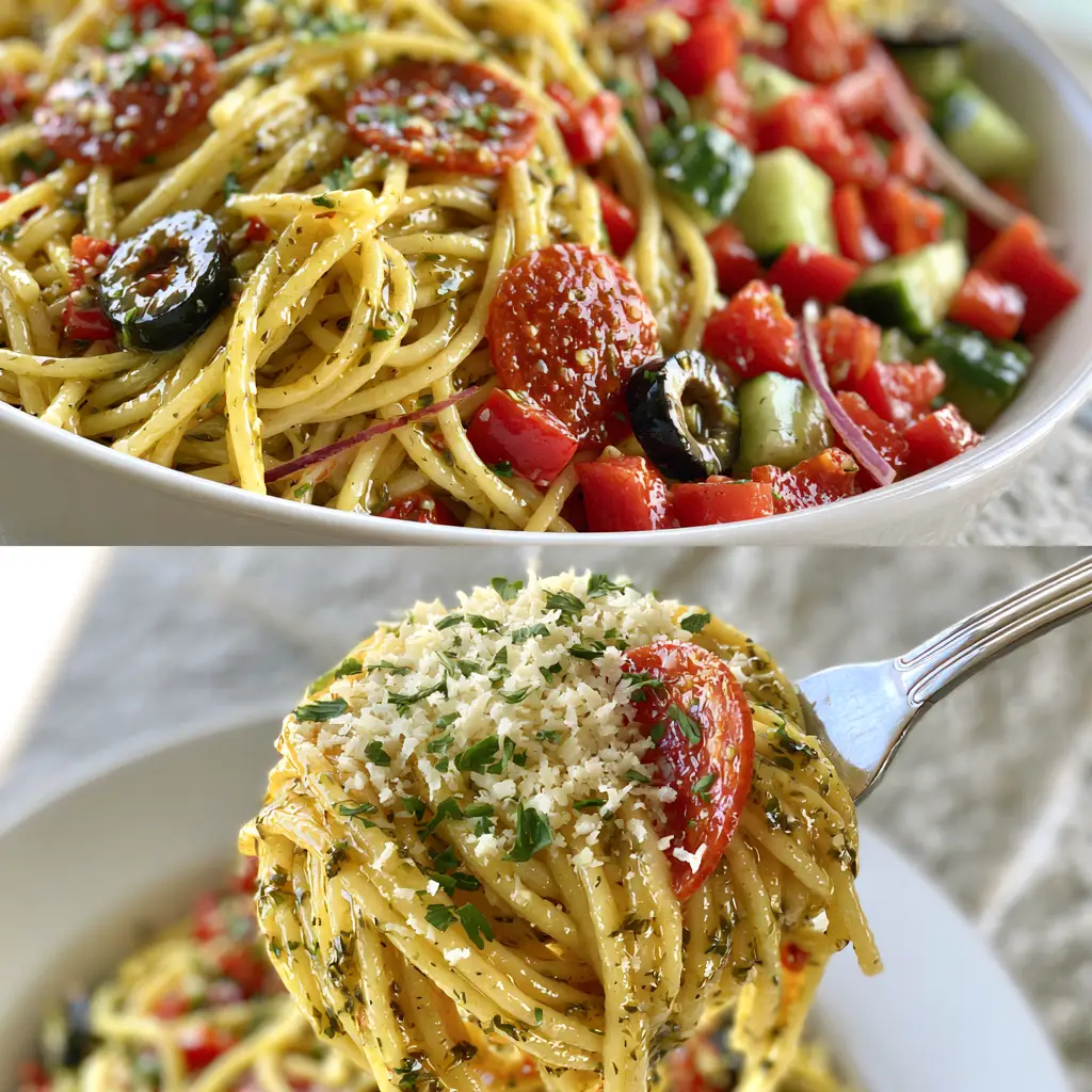 Spaghetti Salad: The Ultimate Zesty Cold Pasta Recipe 1 Close up of a fork lifting a bundle of spaghetti salad noodles coated in herb-flecked zesty Italian dressing.