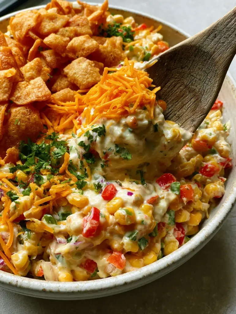 Top-down view of Frito Corn Salad garnished with orange cheddar cheese and a dusting of chili powder.