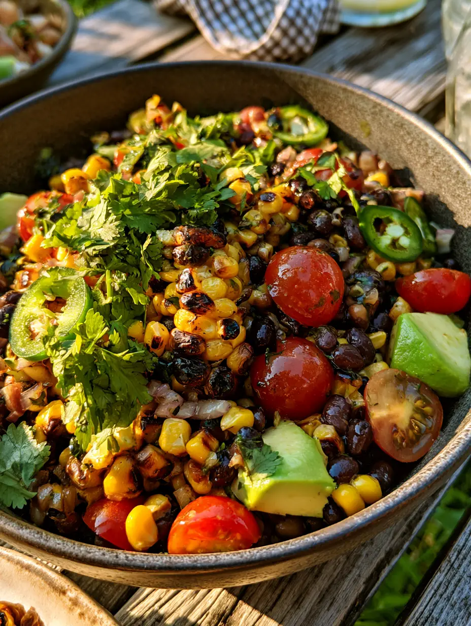 Close-up of blistered yellow corn kernels and matte black beans with a cilantro garnish. (Charred Corn and Black Bean Salad)