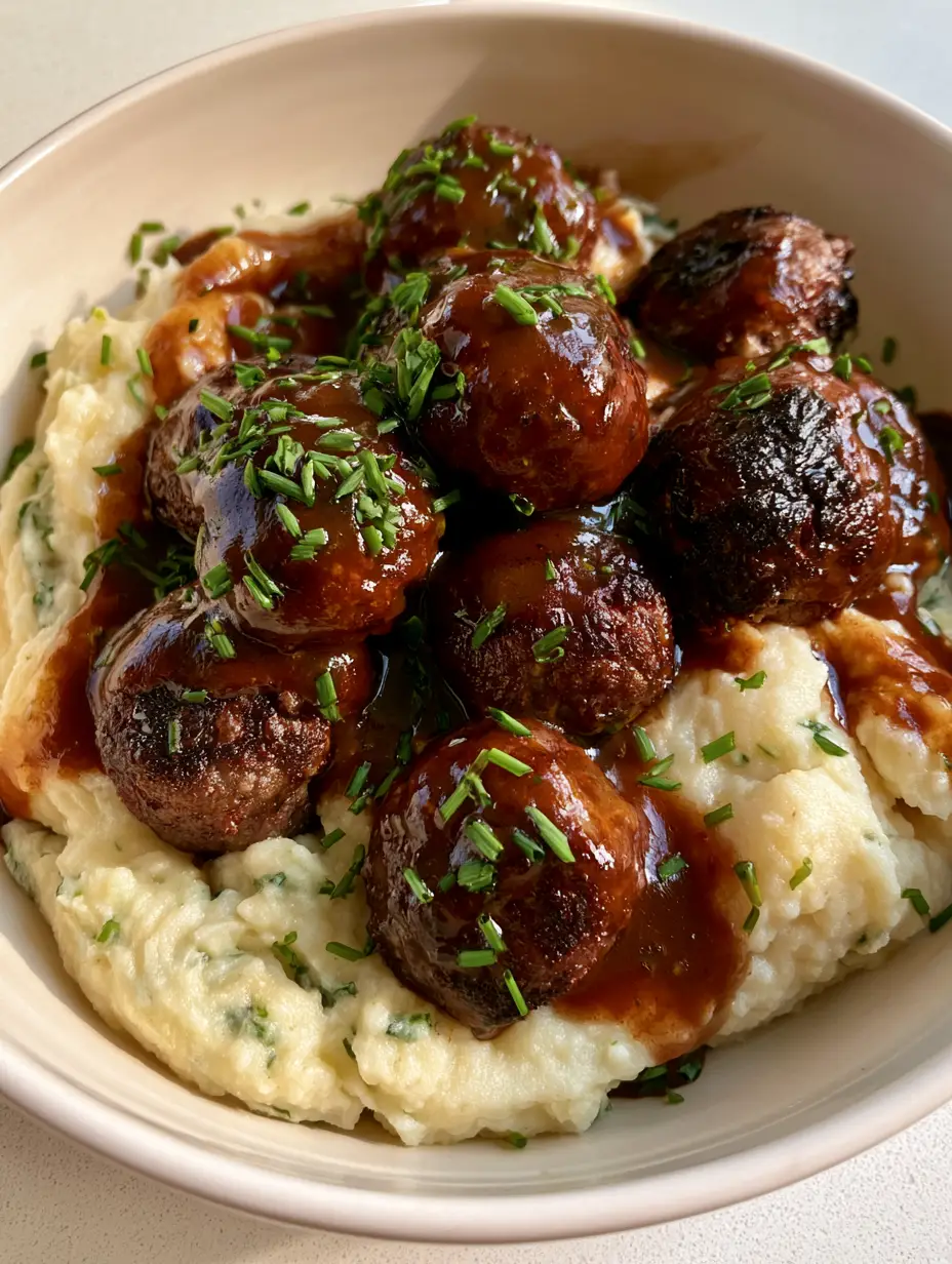 Close up of Salisbury Steak Meatballs with a dark seared crust and thick brown gravy.