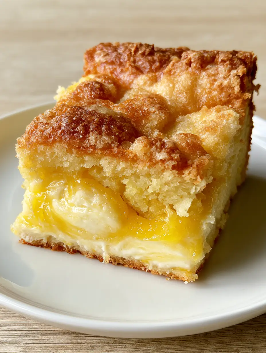 Close up of a slice of Lemon Cream Cheese Dump Cake with translucent yellow lemon curd and white cream cheese layers. (Lemon Cream Cheese Dump Cake)