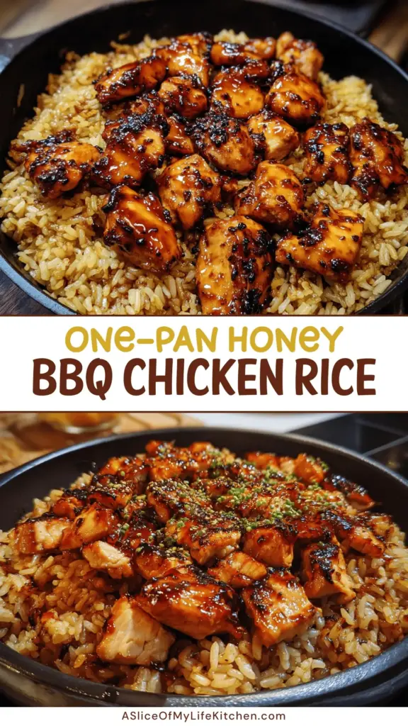 Honey BBQ Chicken and Rice: The Ultimate 20-Minute Weeknight Dinner 4 A rustic black bowl filled with fluffy white rice and bite-sized chicken pieces coated in a glistening mahogany Honey BBQ glaze, topped with green onions. (Honey BBQ Chicken and Rice)