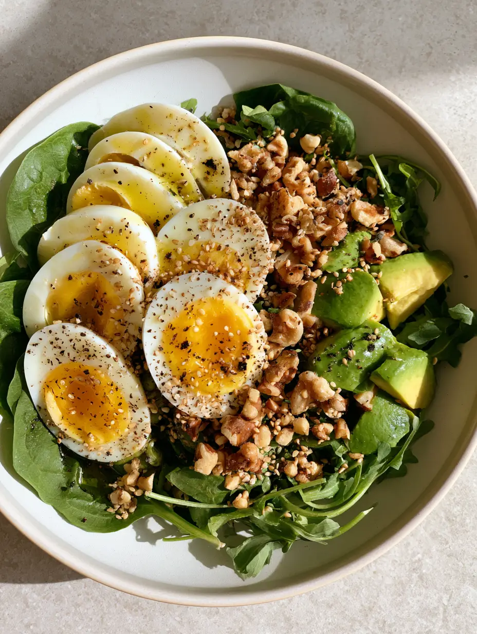 Top-down view of Avocado Egg Salad featuring bright yellow egg yolks, green avocado chunks, and crushed walnuts. (Avocado Egg Salad)