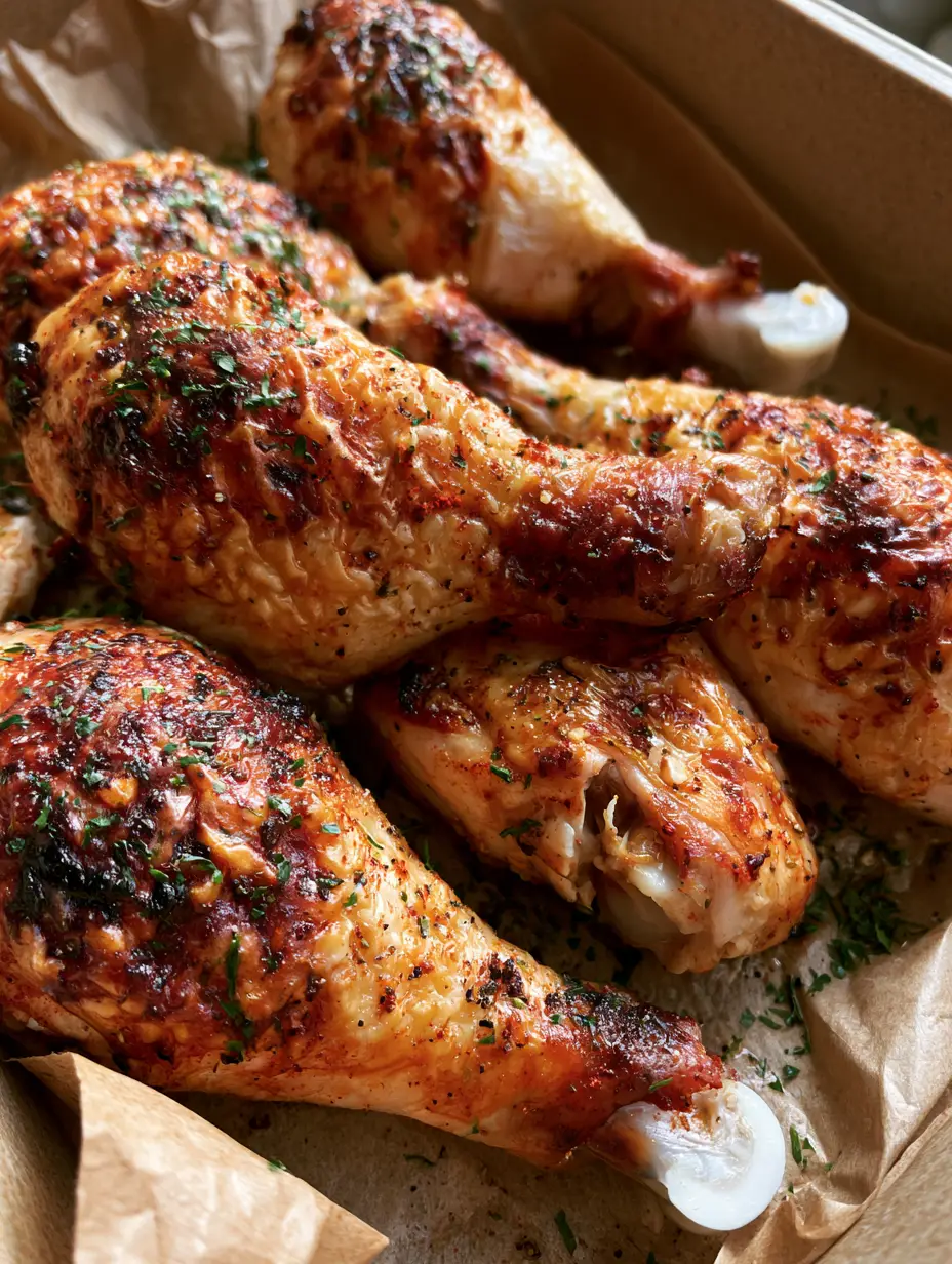 Oven Baked Chicken Drumsticks: The Ultimate Crispy & Juicy Guide 4 Close up of roasted chicken drumsticks on brown parchment paper with charred spots and parsley. (Oven Baked Chicken Drumsticks)