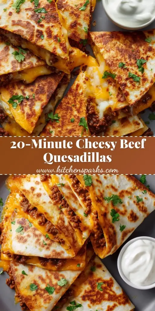 A stack of three toasted Ground Beef Quesadillas wedges on a white plate with oozing orange cheddar cheese and cilantro garnish.