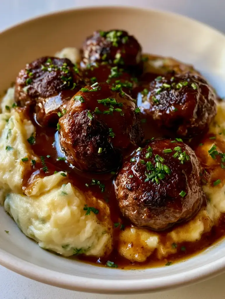 Salisbury Steak Meatballs pooling in rich gravy over smooth mashed potatoes with green chives.