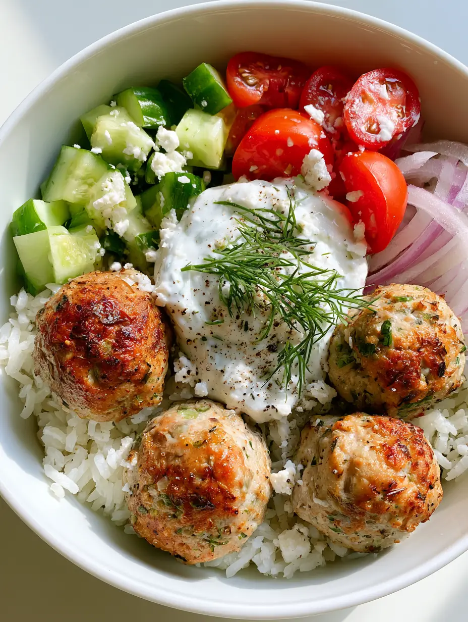 Greek Turkey Meatball Bowls with Creamy Tzatziki 4 A handheld smartphone photo of a white ceramic bowl containing Greek Turkey Meatball Bowls with golden-brown meatballs and fresh Mediterranean toppings.