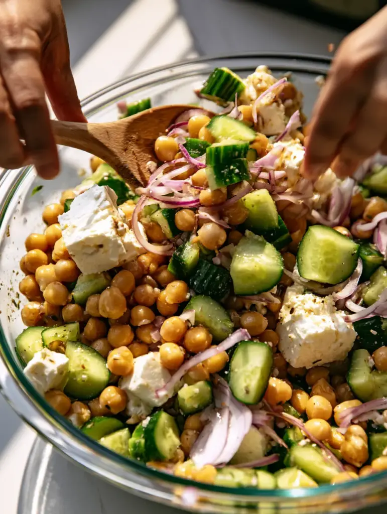 Close-up of translucent red onion slivers and chopped parsley over a glistening chickpea cucumber feta salad.