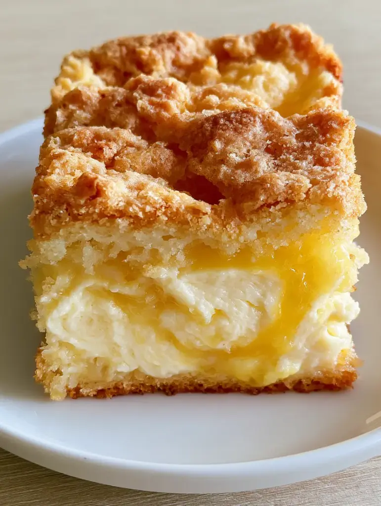 A slice of Lemon Cream Cheese Dump Cake on a white plate, highlighting the buttery golden crust and gooey interior.