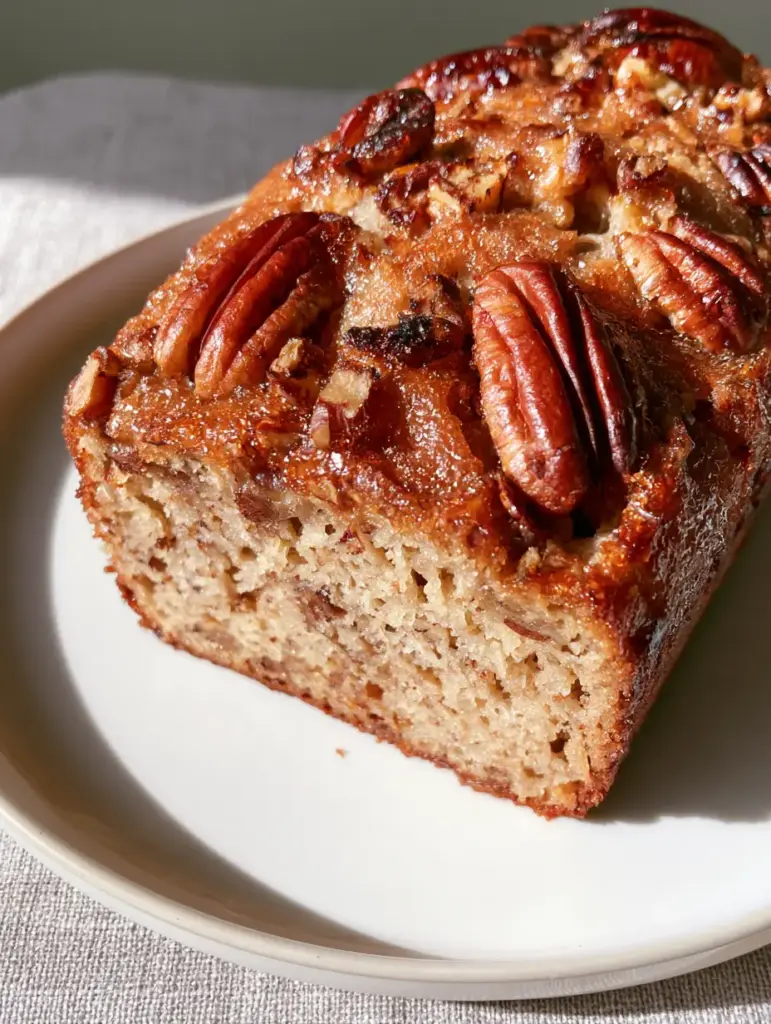A close-up of a slice of Alabama Pecan Bread showing the dense, moist, light tan crumb and visible pecan bits.
