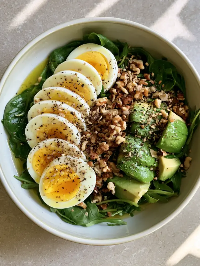 A healthy Avocado Egg Salad bowl served on a light gray stone countertop in natural daylight.