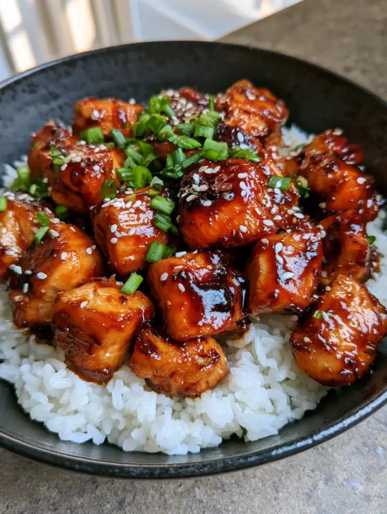 Honey BBQ Chicken and Rice: The Ultimate 20-Minute Weeknight Dinner 2 Close up of succulent seared chicken with caramelized patches in a dark mahogany sauce. (Honey BBQ Chicken and Rice)