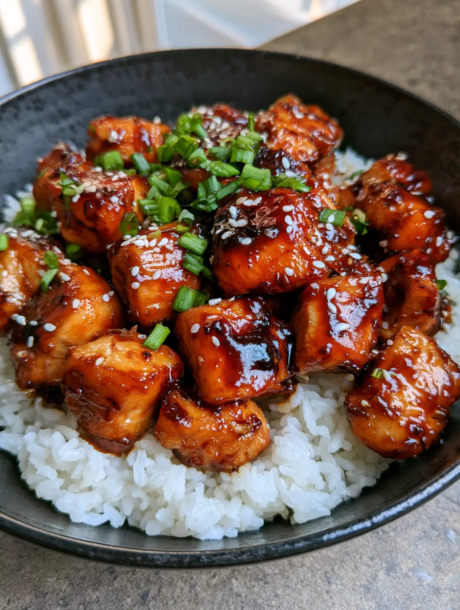 Honey BBQ Chicken and Rice: The Ultimate 20-Minute Weeknight Dinner 3 Close up of succulent seared chicken with caramelized patches in a dark mahogany sauce. (Honey BBQ Chicken and Rice)