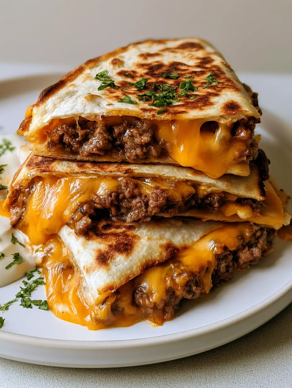 Close up of a stack of toasted Ground Beef Quesadillas wedges showing crispy flour tortilla textures and melted cheese.