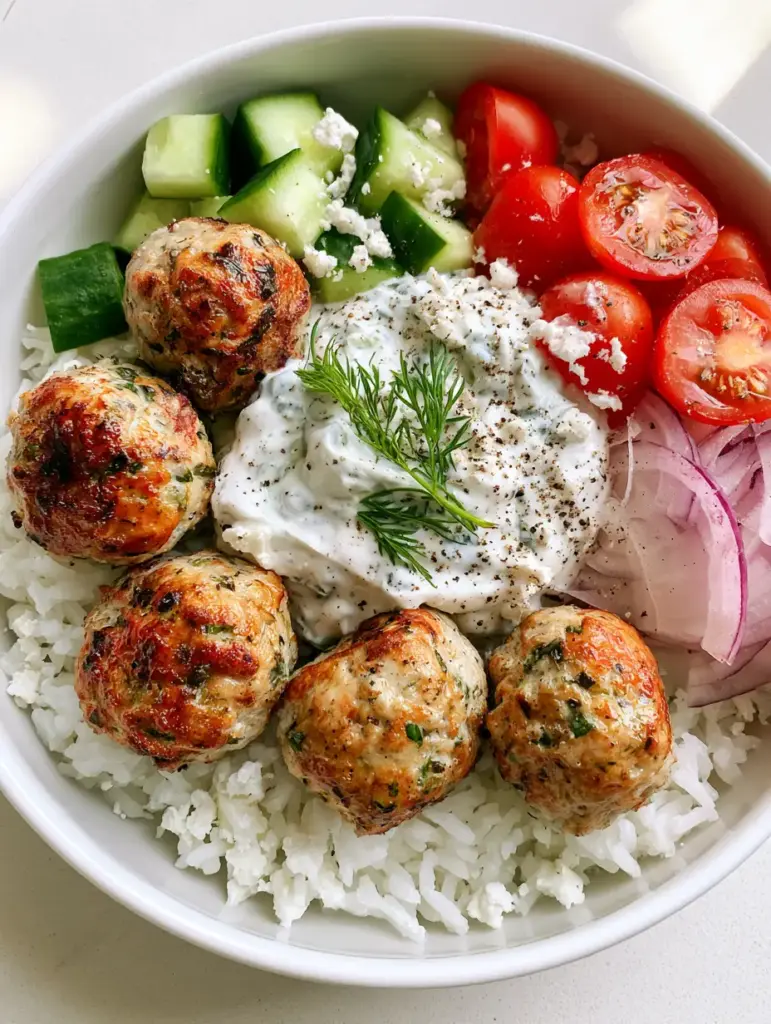 Greek Turkey Meatball Bowls with Creamy Tzatziki 1 Close up shot of a Greek Turkey Meatball Bowl featuring herb-flecked meatballs and a dollop of tzatziki sauce with fresh dill.