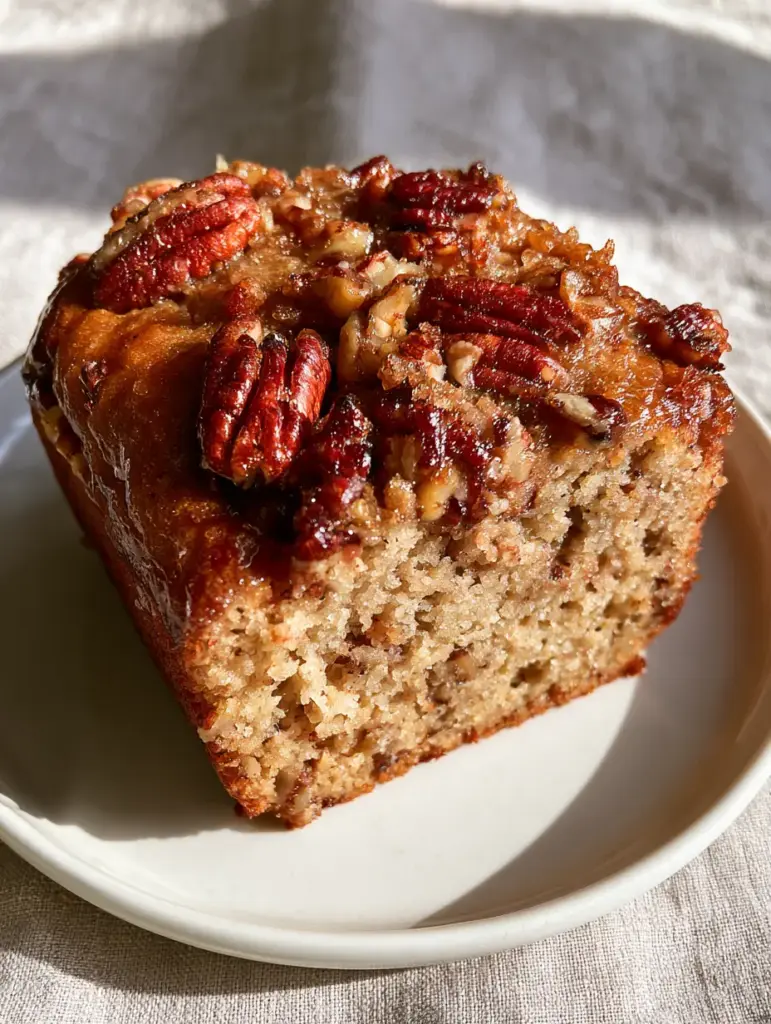 Alabama Pecan Bread: The Ultimate Southern Nut Bread Recipe 1 Alabama Pecan Bread on a grey linen background, showing the shiny golden-brown crust and toasted pecan halves.