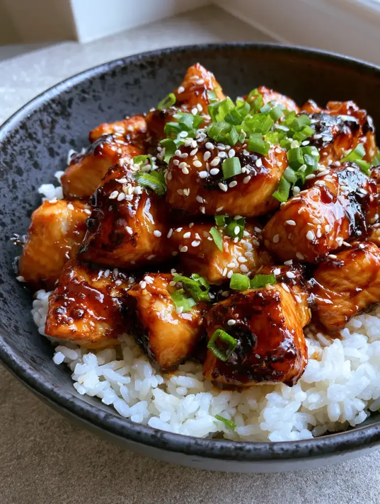 Honey BBQ Chicken and Rice: The Ultimate 20-Minute Weeknight Dinner 1 A top-down view of Honey BBQ Chicken and Rice garnished with green onions and sesame seeds in a black bowl.