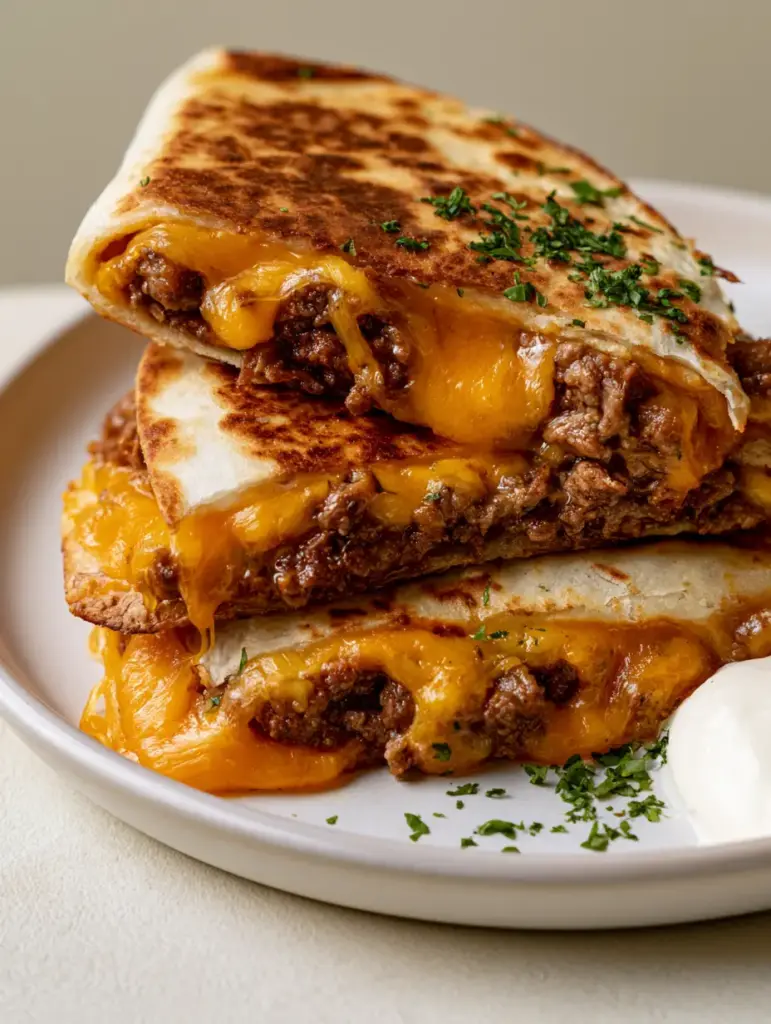 A stack of three Ground Beef Quesadillas with savory beef crumbles and gooey orange cheddar cheese oozing out.