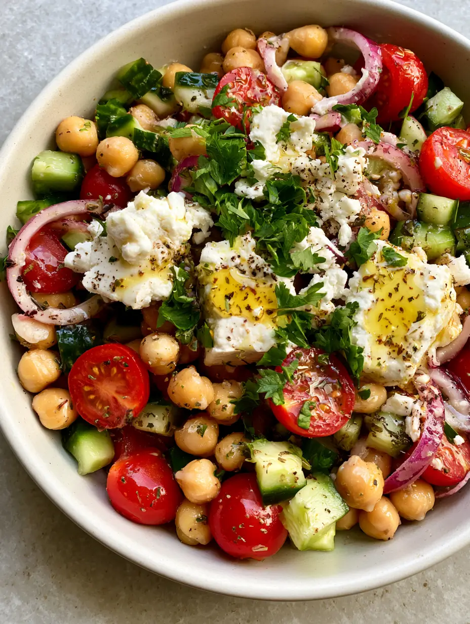 Close-up of freshly diced English cucumbers and halved cherry tomatoes in a cucumber chickpea feta salad.