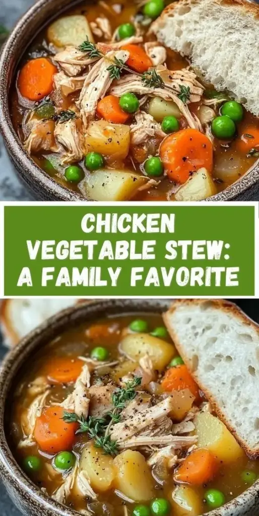 A vertical Pinterest pin showing a close-up of a Chicken Vegetable Stew Recipe in a white bowl with golden-brown chicken and green peas.