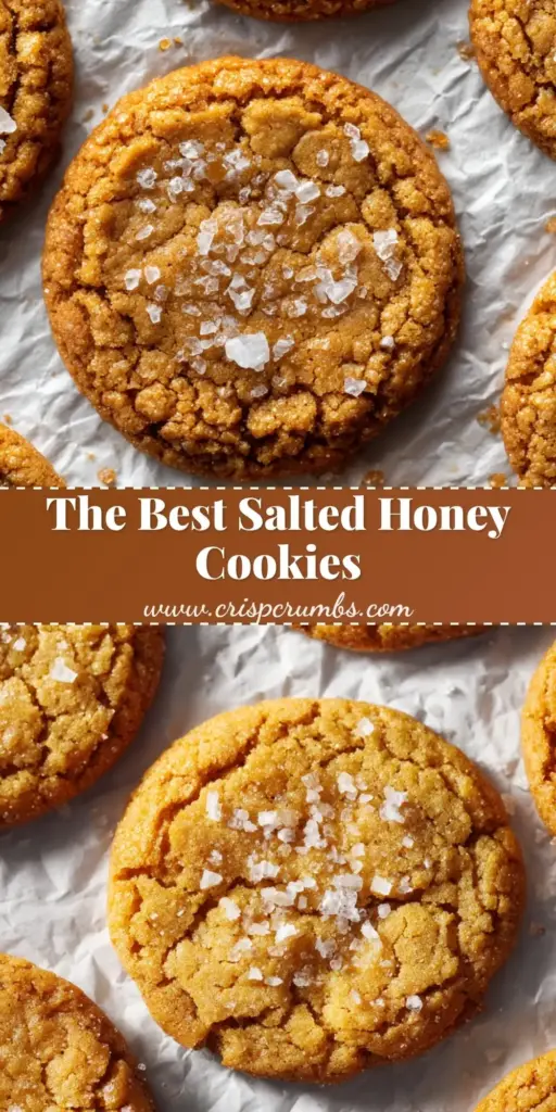 A tall stack of Salted Honey Cookies with crinkled tops and large flakes of sea salt on parchment paper.