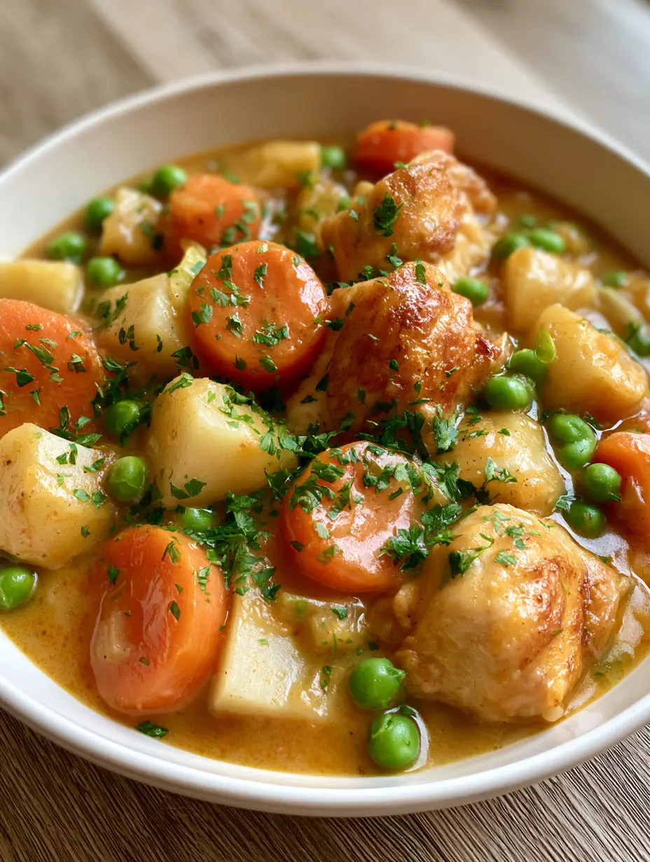 A shallow white ceramic bowl filled with a thick savory golden-brown Chicken Vegetable Stew Recipe, showcasing seared chicken and orange carrots.