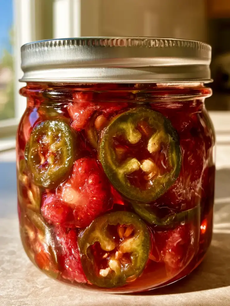 Strawberry Jalapeño Cowboy Candy: The Ultimate Spicy-Sweet Preserve 2 Close-up of translucent green jalapeño rings submerged in a thick, vibrant red strawberry syrup inside a glass jar. (Strawberry Jalapeño Cowboy Candy)