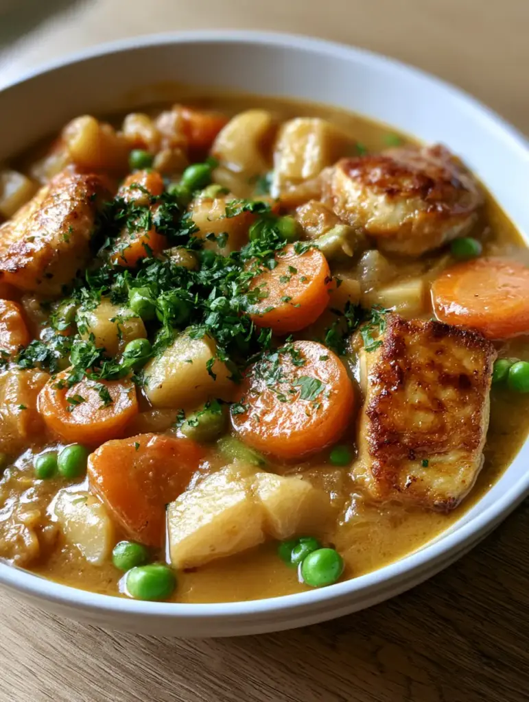 Overhead shot of Chicken Vegetable Stew Recipe with bright green garden peas and fresh parsley garnish.