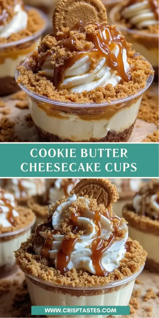 Cookie Butter Cheesecake Cups: The Ultimate No-Bake Biscoff Dessert 4 A close-up vertical shot of a Cookie Butter Cheesecake Cup featuring layered Speculoos crumbs, ivory filling, and a glossy cookie butter top with a Biscoff cookie.