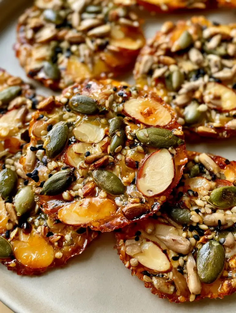 Flourless Nut and Seed Cookies: The Ultimate Thin and Crunchy Snack 2 Close-up of Flourless Nut and Seed Cookies arranged on a neutral surface, showcasing the toasted sliced almonds and green pepitas.