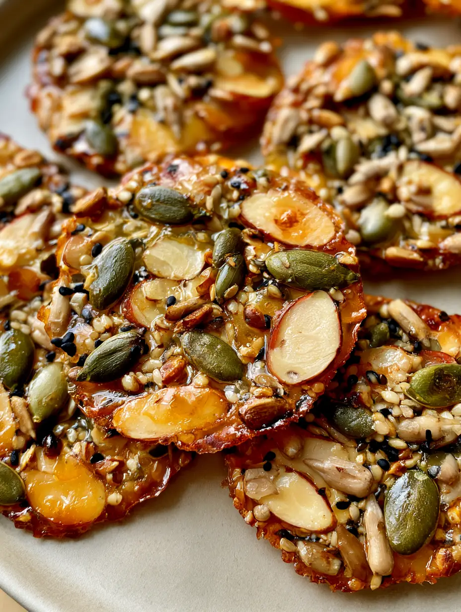 Flourless Nut and Seed Cookies: The Ultimate Thin and Crunchy Snack 4 Close-up of Flourless Nut and Seed Cookies arranged on a neutral surface, showcasing the toasted sliced almonds and green pepitas.
