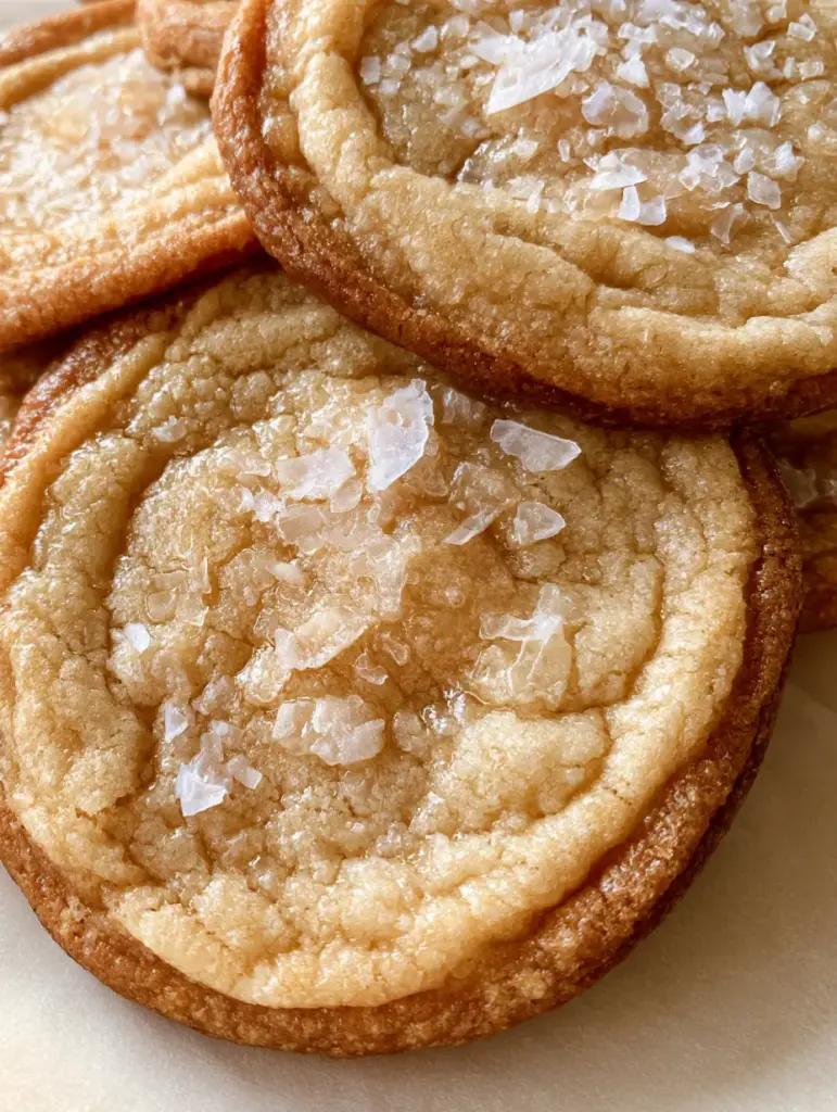 Top view of Salted Honey Cookies on off-white parchment paper with large translucent sea salt flakes.