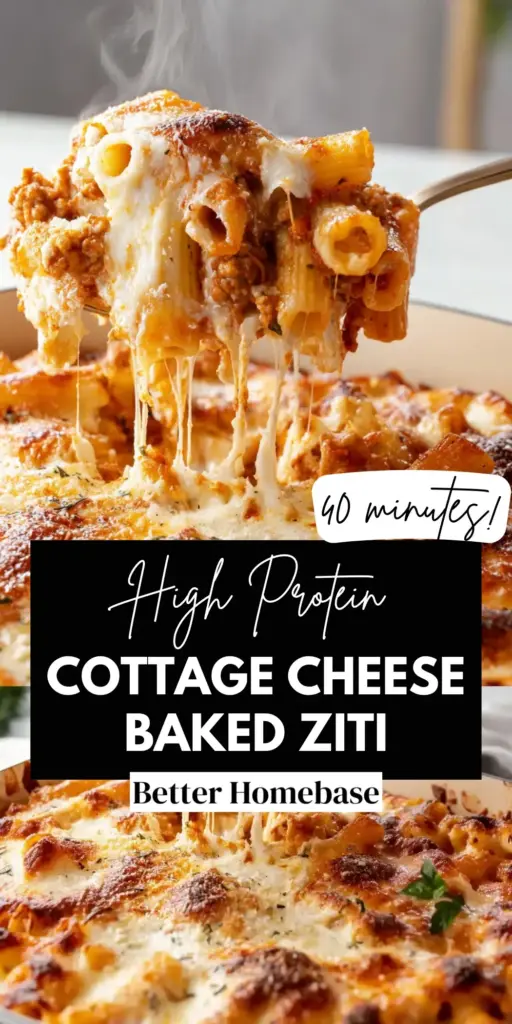 A bubbling dish of High Protein Baked Ziti with charred mozzarella and fresh parsley, shot overhead in natural light.