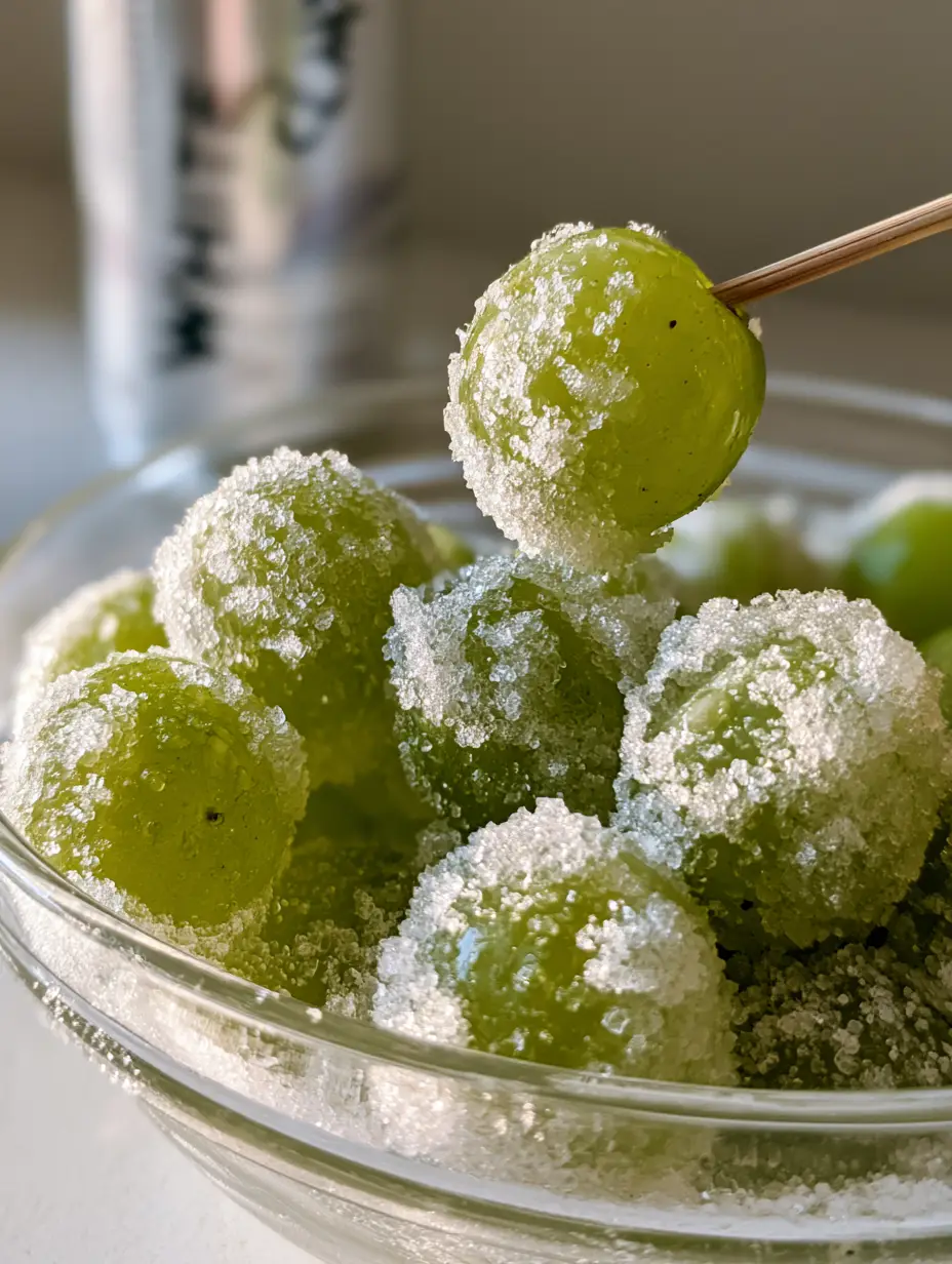 Close up of Boozy Grapes in a glass bowl showing the frosted sugar texture and a wooden toothpick.