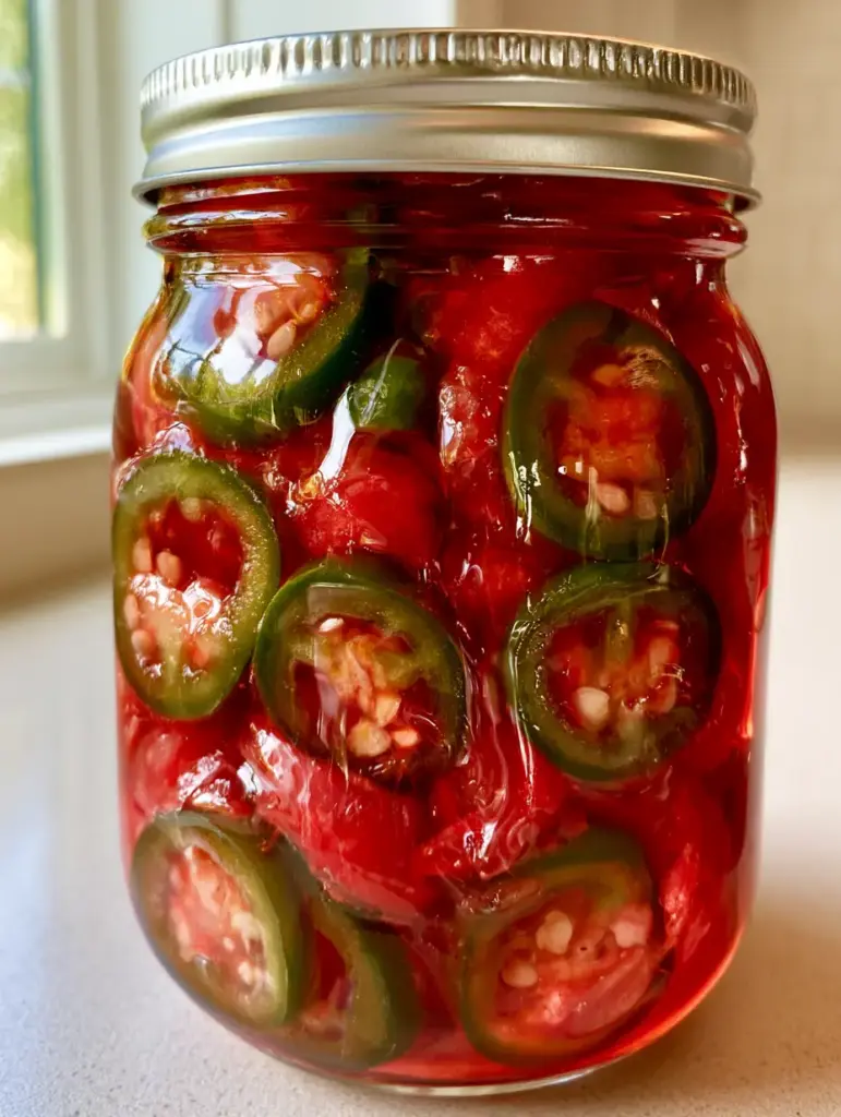 Strawberry Jalapeño Cowboy Candy: The Ultimate Spicy-Sweet Preserve 1 A wide shot of the Strawberry Jalapeño Cowboy Candy jar on a light kitchen counter with natural side lighting.