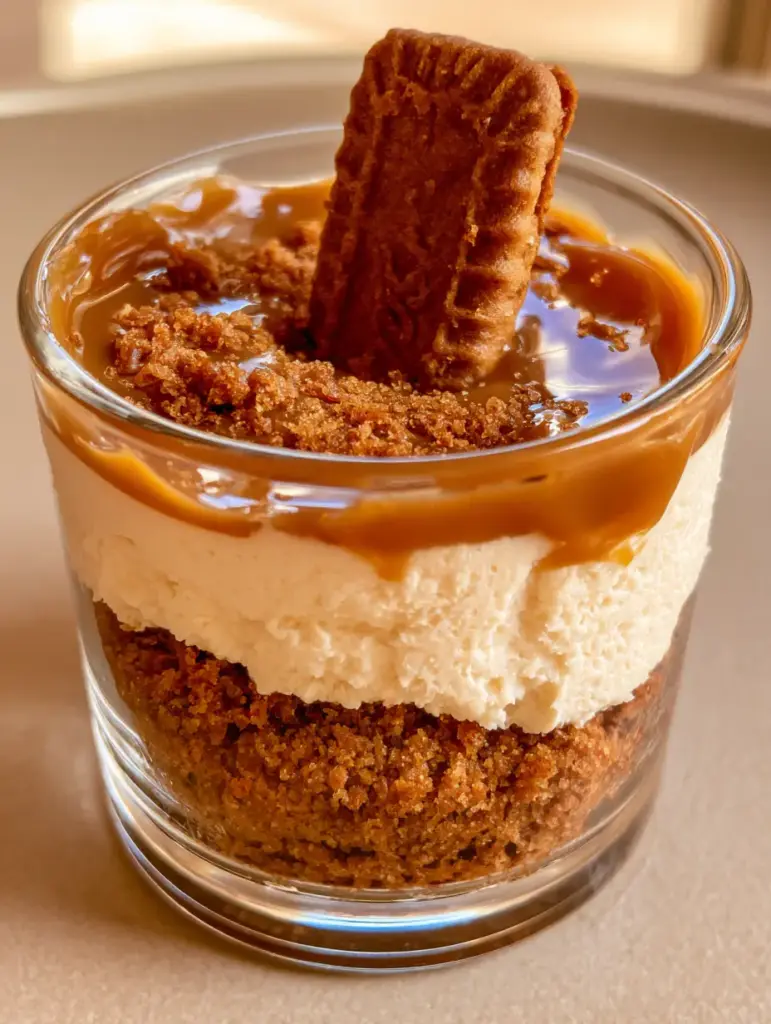 Cookie Butter Cheesecake Cups: The Ultimate No-Bake Biscoff Dessert 2 Smartphone photo of a single mini Cookie Butter Cheesecake Cup in a glass votive with a glossy tawny-brown topping.