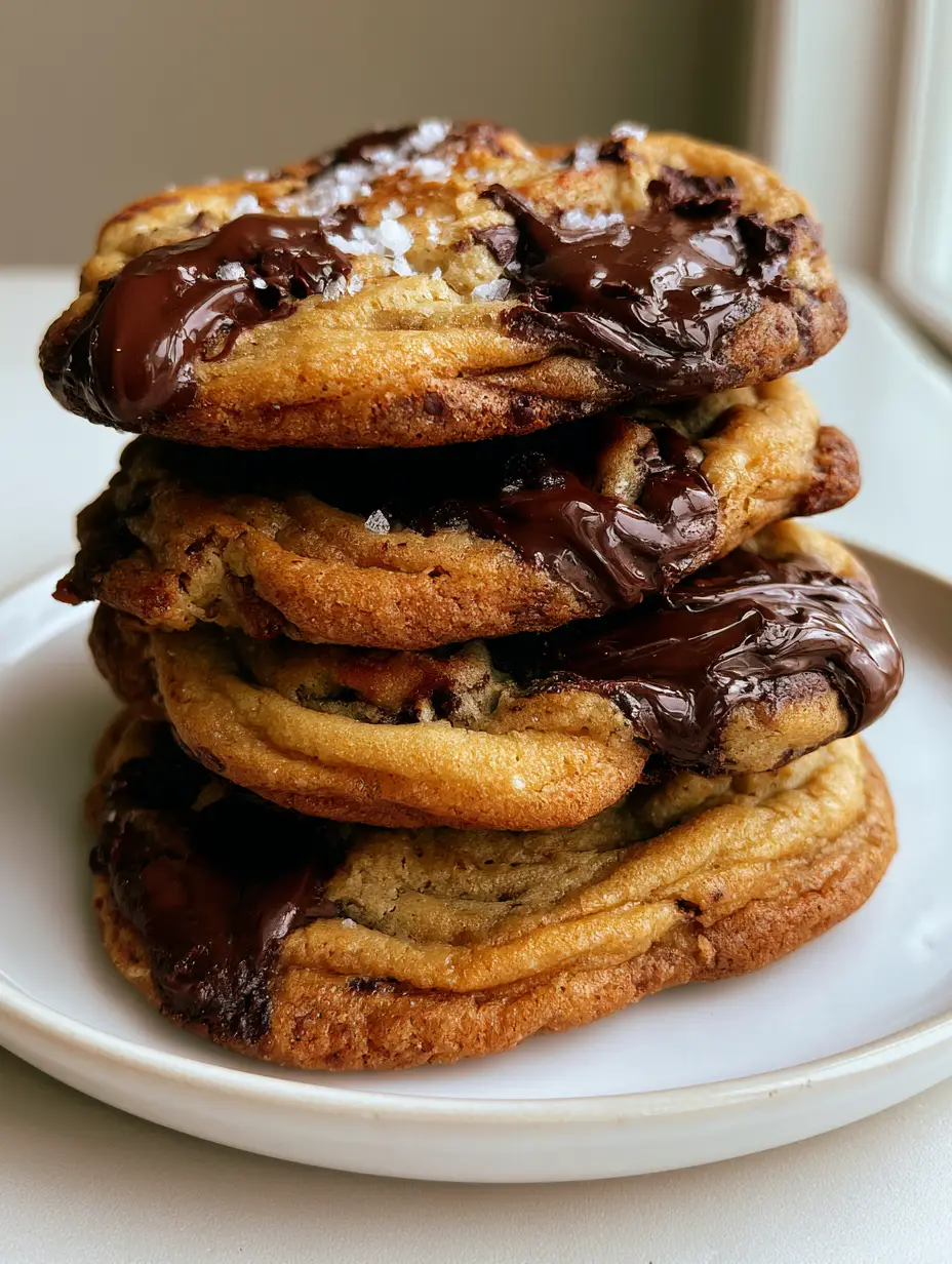 Brown Butter Chocolate Chip Cookies with Molten Dark Chocolate and Sea Salt 3 Close up of soft-baked Brown Butter Chocolate Chip Cookies showing molten dark chocolate puddles and deep golden hues. (Brown Butter Chocolate Chip Cookies)
